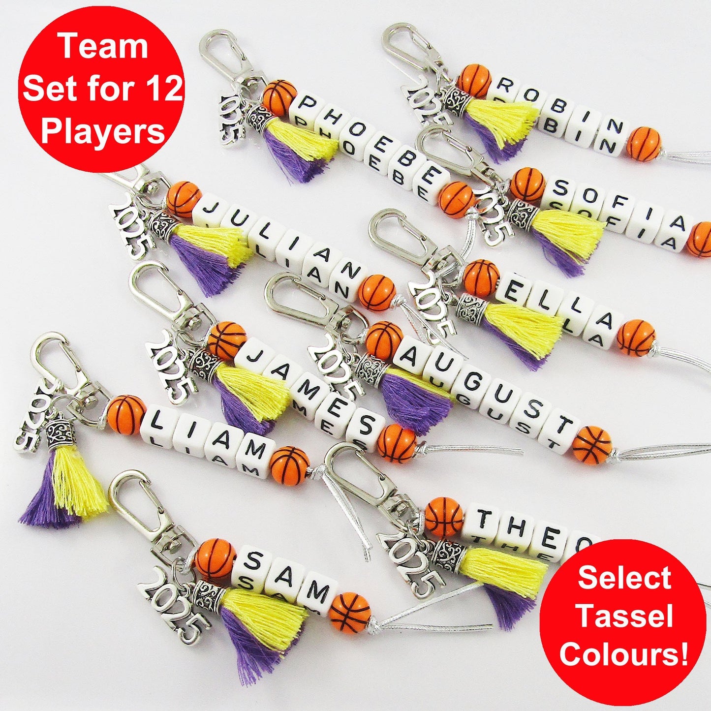 2025 Set of 12 BASKETBALL Name Bag Tag Two Colour Tassel Choose name and colours