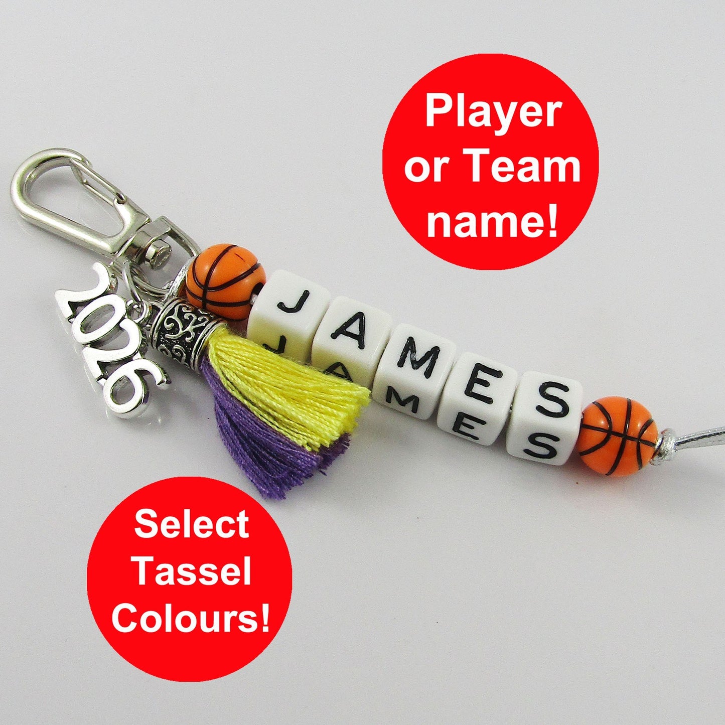 2026 Set of 10 BASKETBALL Name Bag Tag Two Colour Tassel Choose name and colours