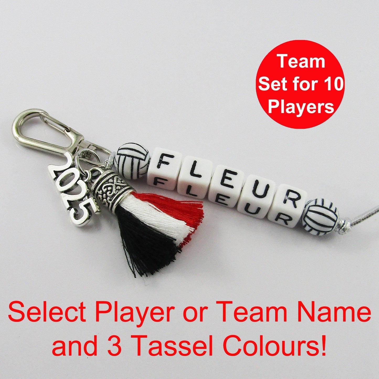 2025 Set of 10 Netball Name Bag Tag Three Colour Tassel Choose name and colours!