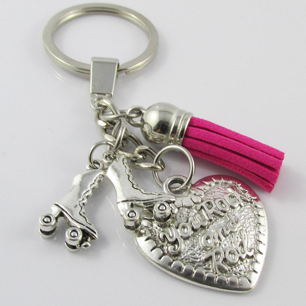 You Rock and Roll Heart Roller Derby Roller Skates Charm Tassel Keychain 100mm