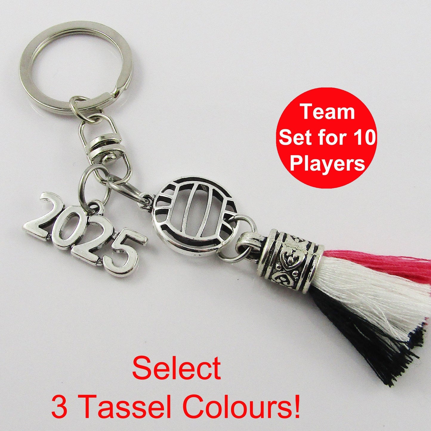 Team Set of 10 Personalised 3 Colour Tassel 2025 NETBALL Keychain Sport Gift