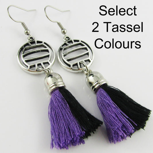 2 Colour Tassel NETBALL Charm Hook Earrings Stainless Steel 75mm Select Colours