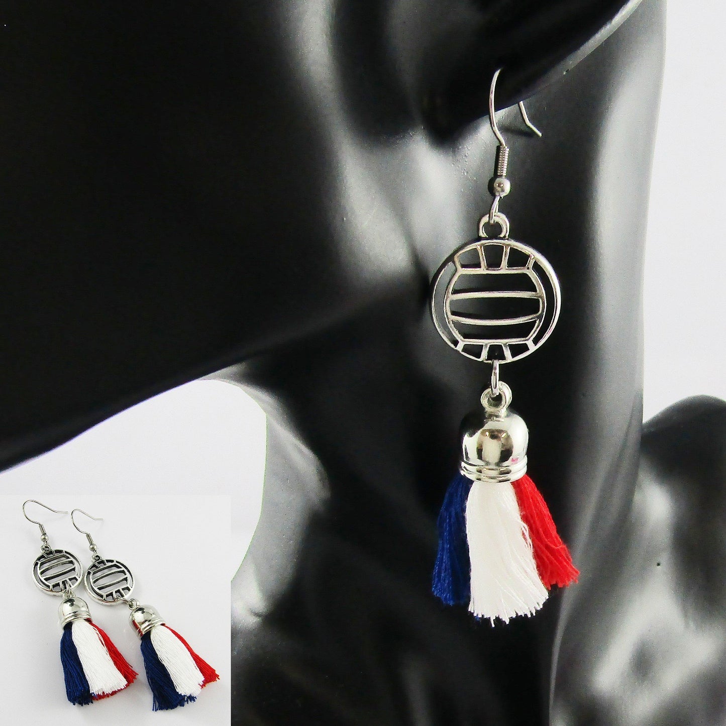 3 Colour Tassel NETBALL Charm Hook Earrings Stainless Steel 75mm Select Colours