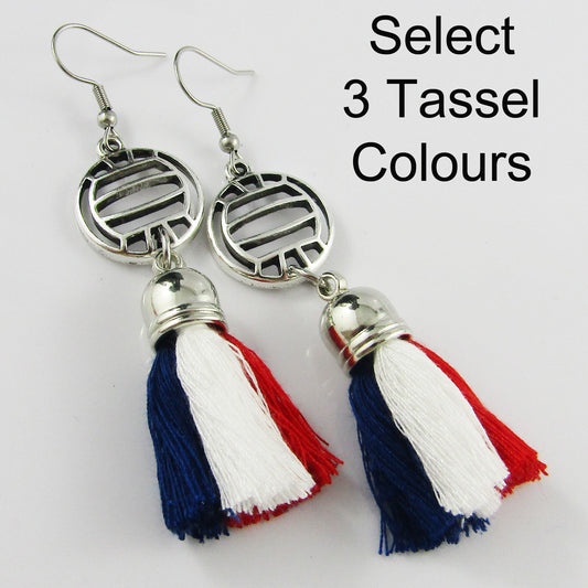 3 Colour Tassel NETBALL Charm Hook Earrings Stainless Steel 75mm Select Colours