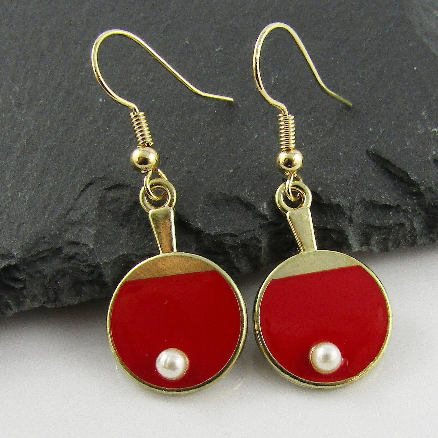 Table Tennis Paddle Pearl Ping Pong Ball Charm Earrings Brass Hooks Pick Colour