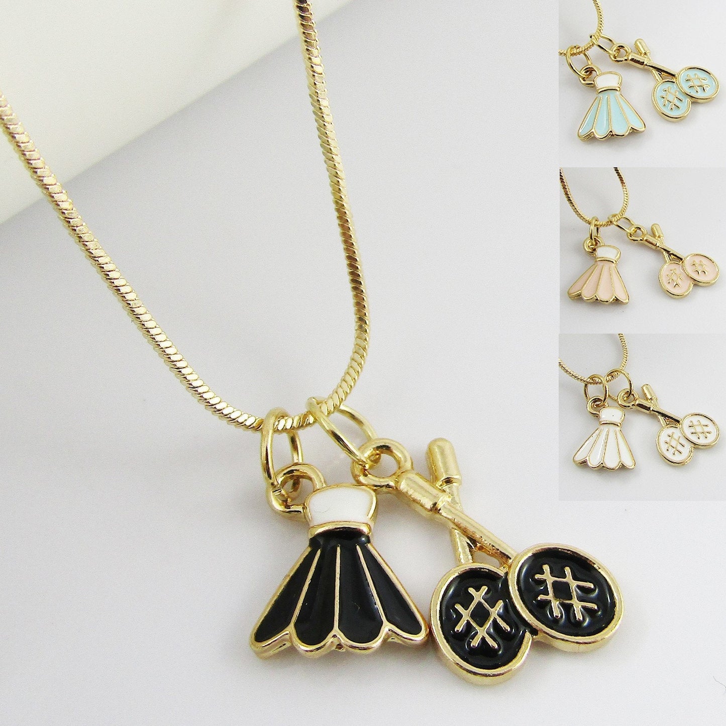 Badminton Racquet & Shuttle Charm Pendant Necklace 47cm Select Colour