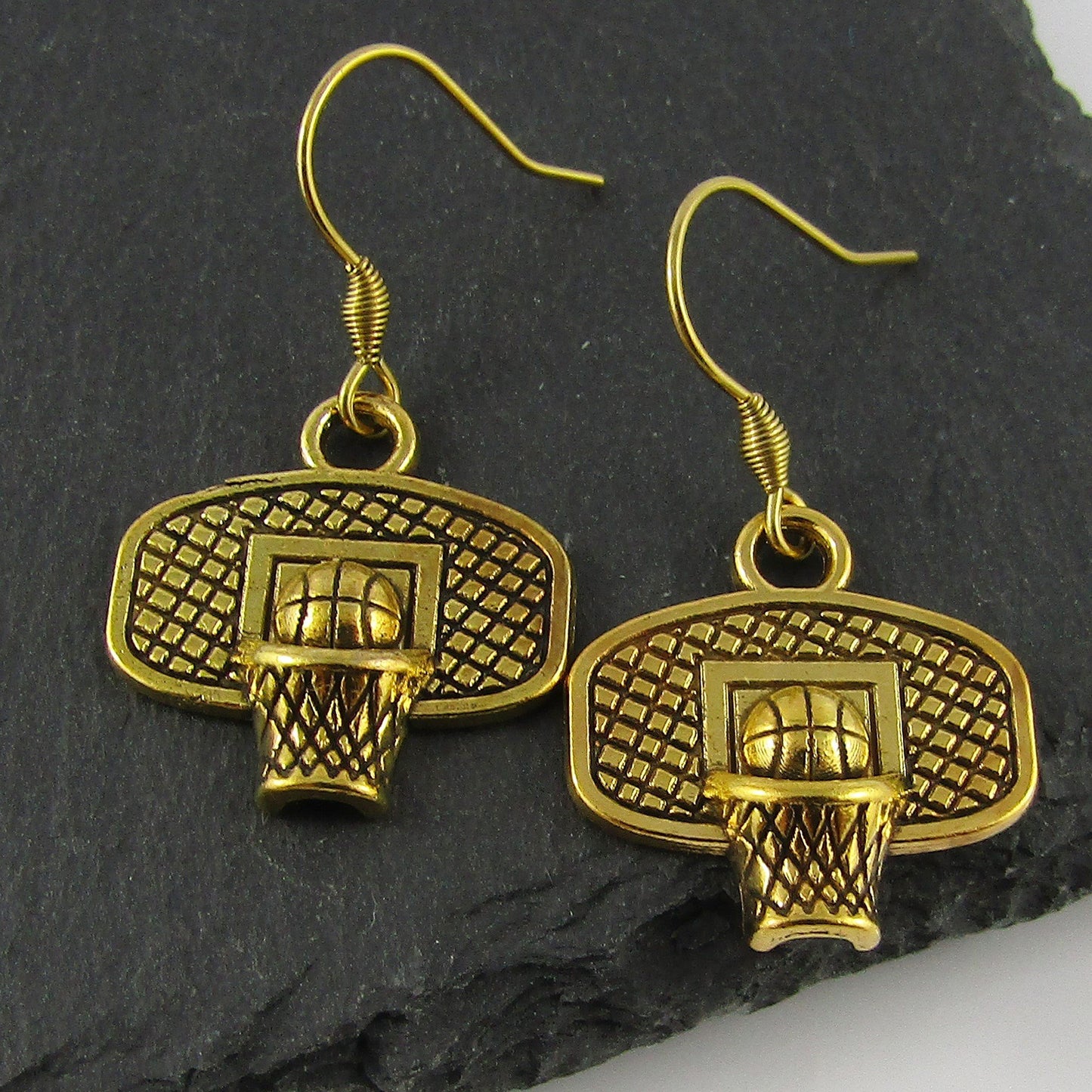 Basketball Backboard & Hoop Charm Earrings 18K Gold Plate SS Hooks