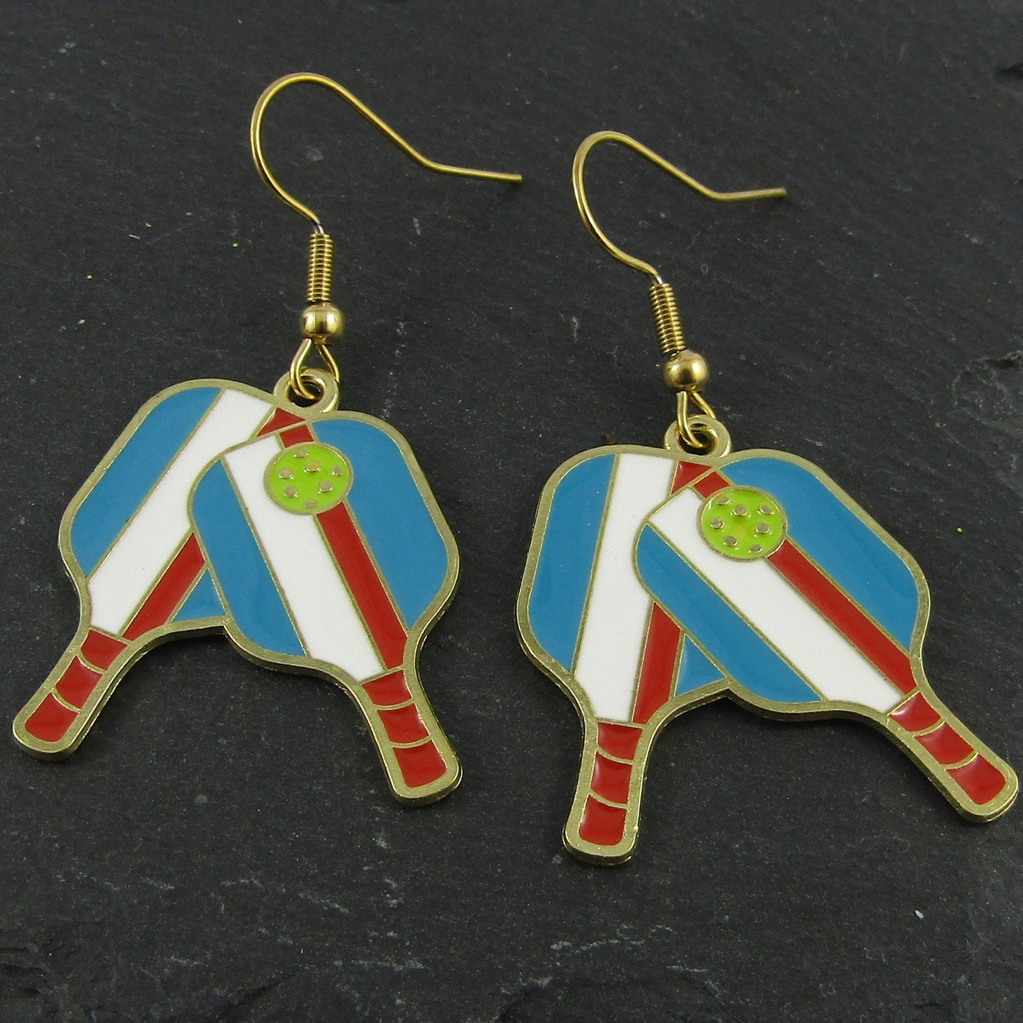 Pickleball Paddles Earrings 48mm GP Stainless Steel Hooks Enamel Charms