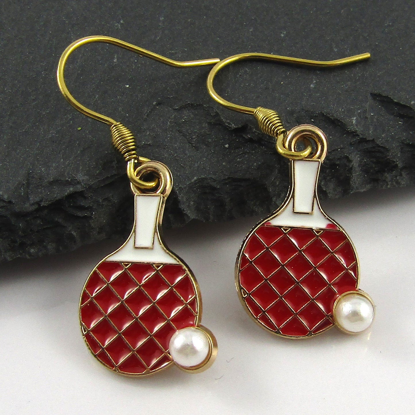 Table Tennis Paddle Earrings 33mm GP Stainless Steel Hooks Enamel Charms
