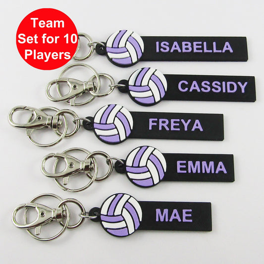 Set of 10 Personalised Netball Name Keychains White and Lilac Netball