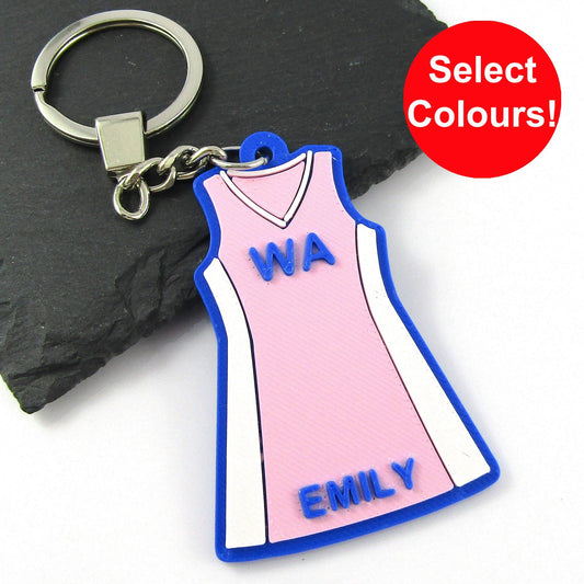Team Set of 10 Deluxe 4 colour Personalised Netball Jersey Dress Keychain