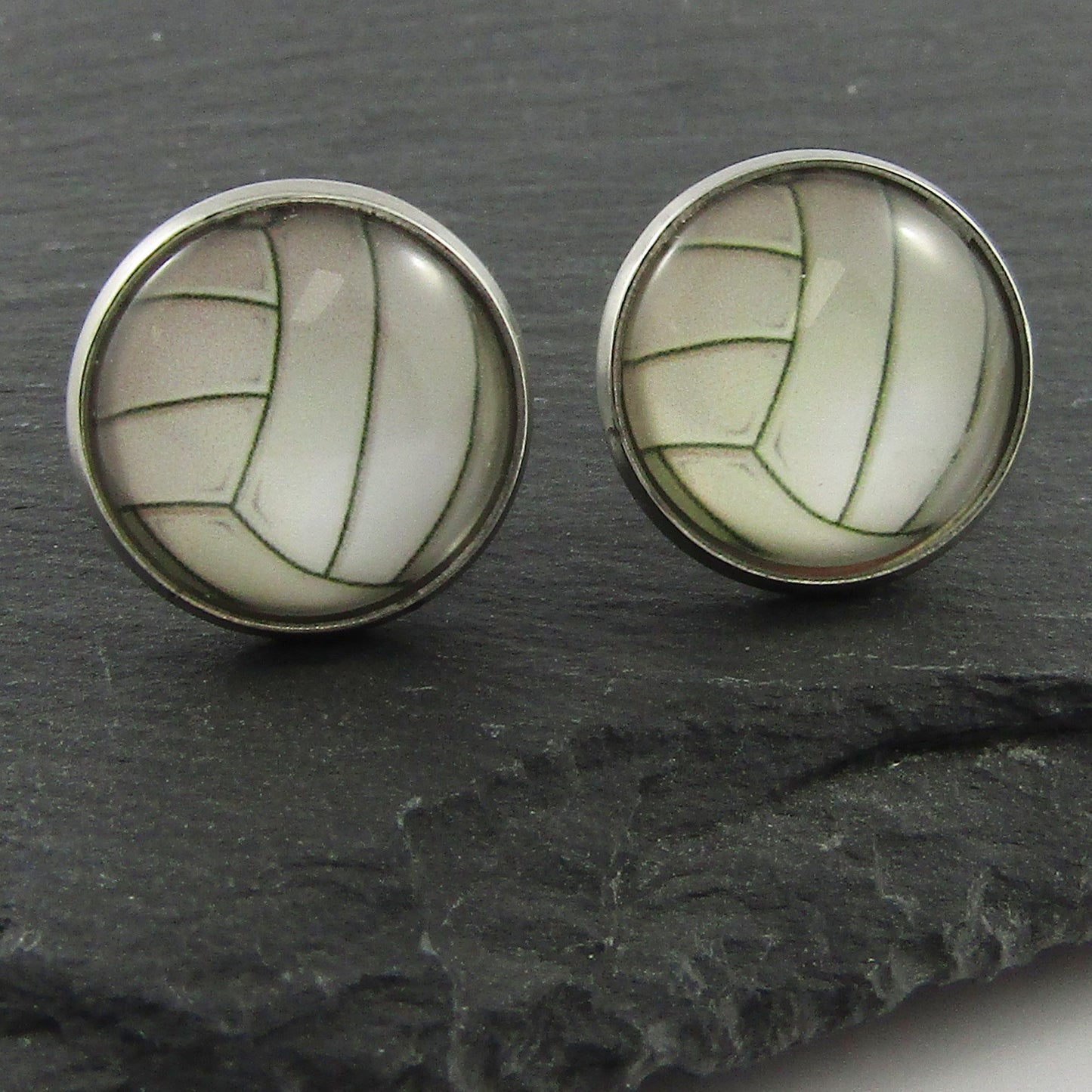 Glass Dome Volleyball Netball Stud Earrings 15mm Stainless Steel Comfort Backs
