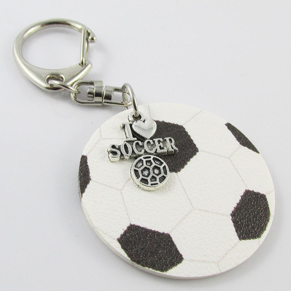 PU Leather Soccer ball I Love Soccer Charm Bag Tag Keyring 98mm Coach Team Gift