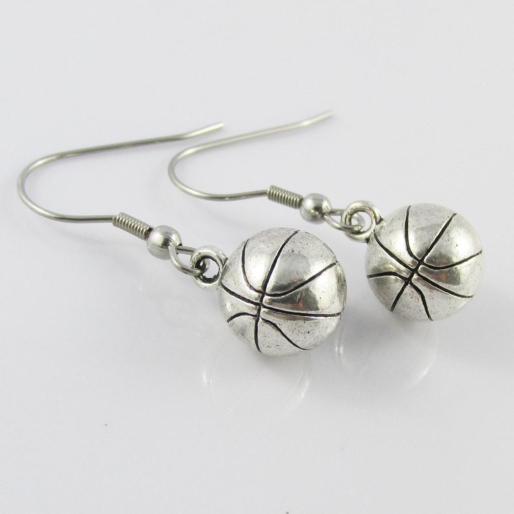 3D Solid Basketball Charm Earrings Stainless Steel Hooks 32mm