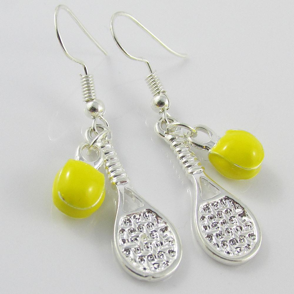 Silver Plate Tennis Racquet & Ball Tennis Charm Sport Hook Earrings 44mm