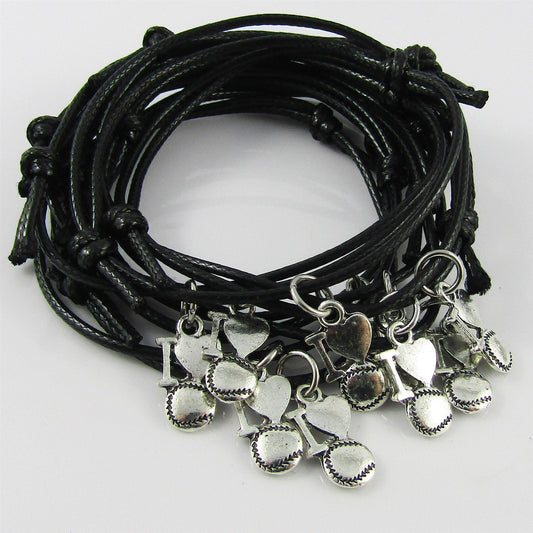 I Love Baseball Charm Bracelet Adjustable Unisex Sports Team Gift Set of 10