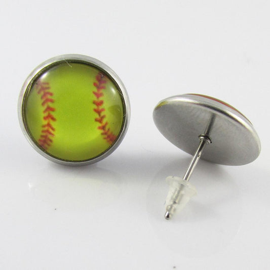 Glass Cover Softball Stud Earrings 14mm Stainless Steel