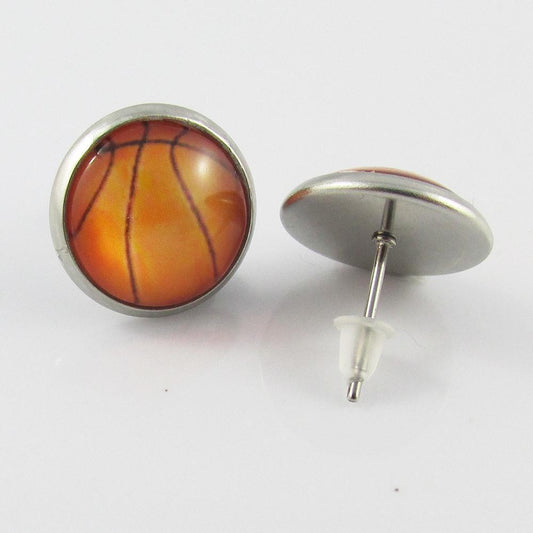 Glass Cover Basketball Stud Earrings 14mm Stainless Steel