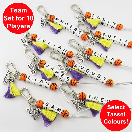 2025 Set of 10 BASKETBALL Name Bag Tag Two Colour Tassel Choose name and colours
