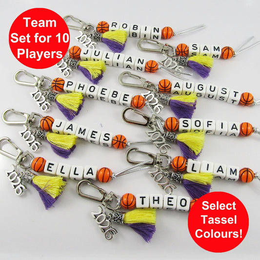 2026 Set of 10 BASKETBALL Name Bag Tag Two Colour Tassel Choose name and colours