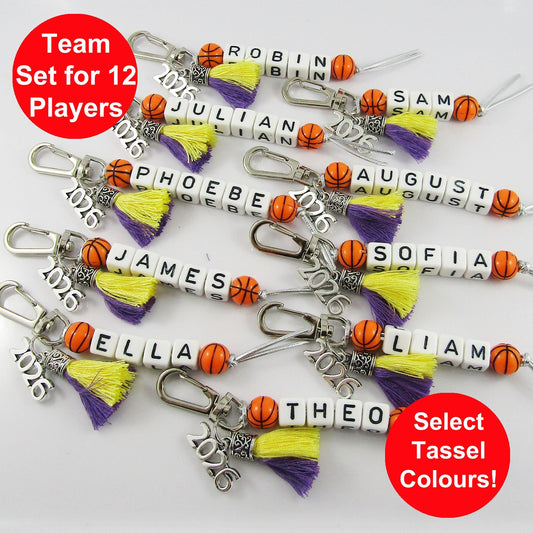 2026 Set of 12 BASKETBALL Name Bag Tag Two Colour Tassel Choose name and colours