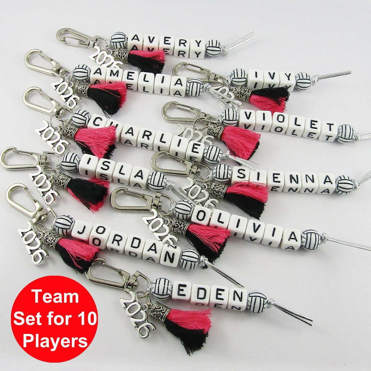 2026 Set of 10 Netball Name Bag Tag Two Colour Tassel Choose name and colours!