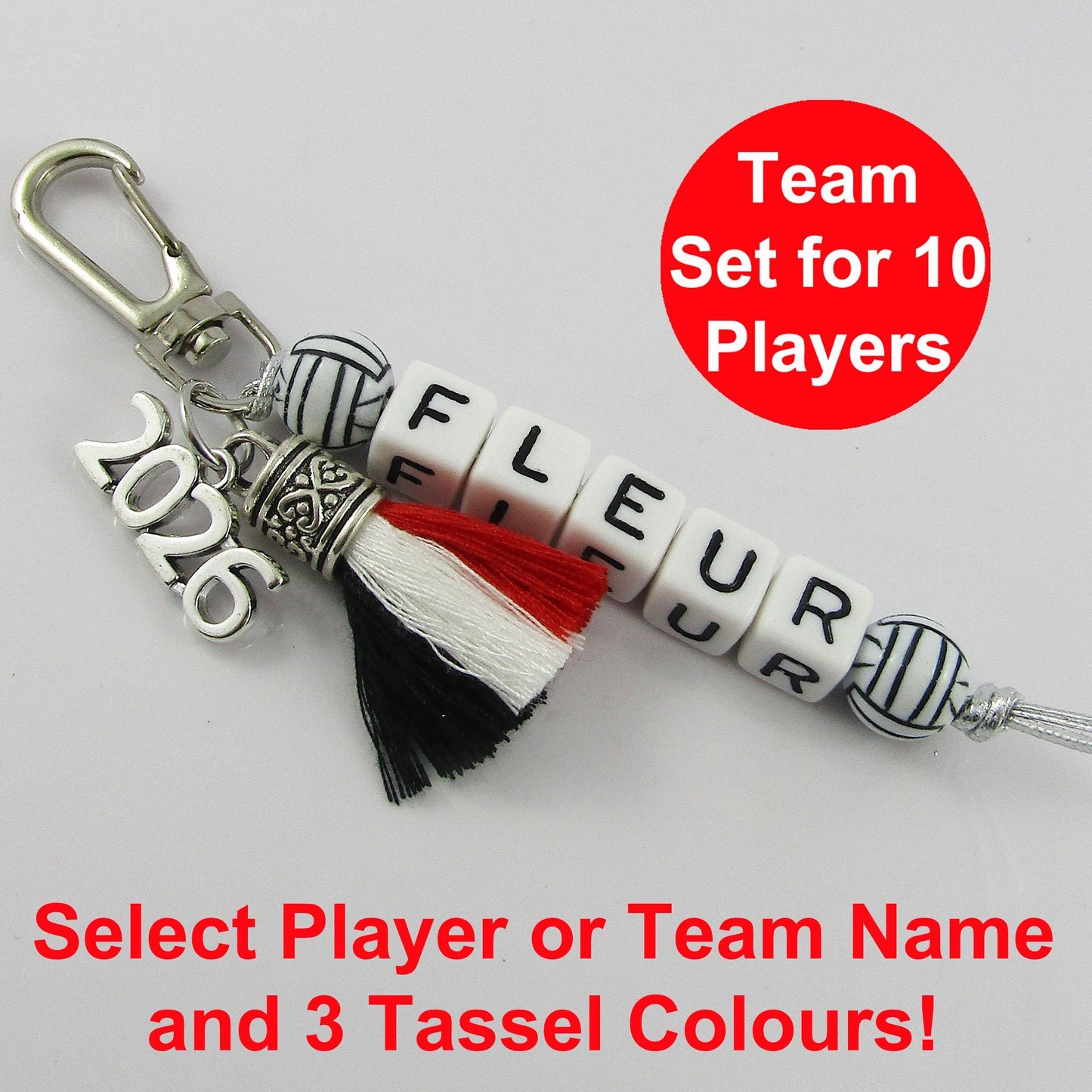 2026 Set of 10 Netball Name Bag Tag Three Colour Tassel Choose name and colours!