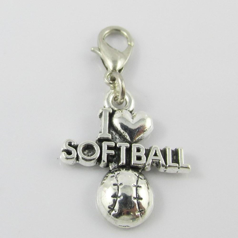 I Love Softball Charm Pick Bail or Clip on Clasp End of Season Sports Team Gift