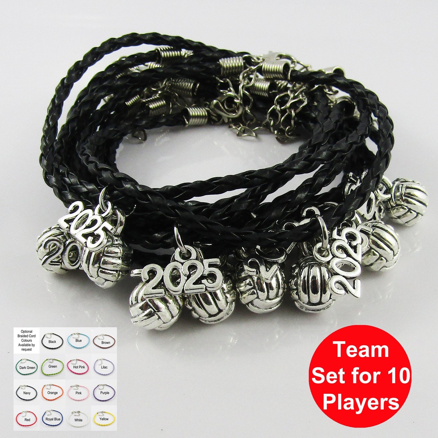 10 Player Set 3D Netball 2025 Charm Bracelet Braided Cord Team Gifts Pick Colour