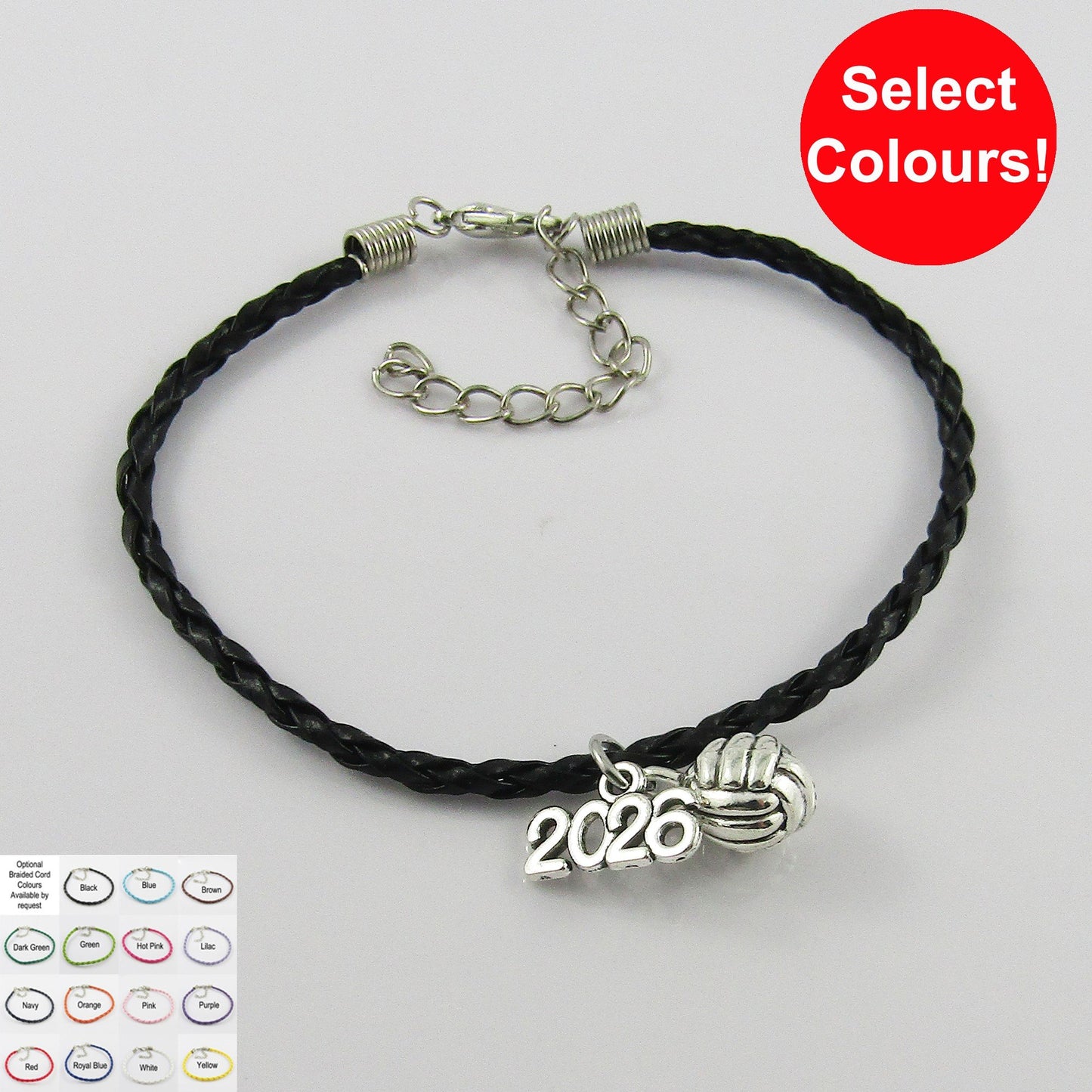10 Player Set 3D Netball 2026 Charm Bracelet Braided Cord Team Gifts Pick Colour