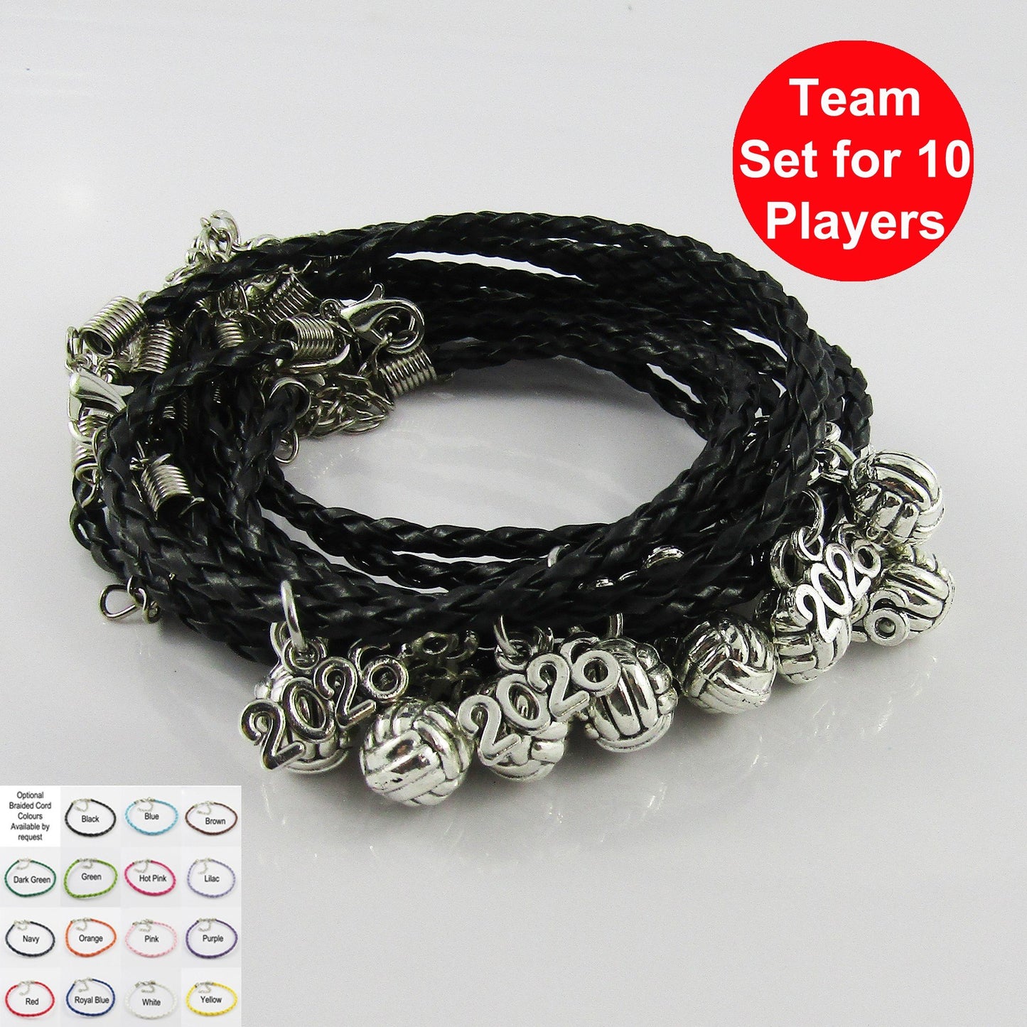10 Player Set 3D Netball 2026 Charm Bracelet Braided Cord Team Gifts Pick Colour