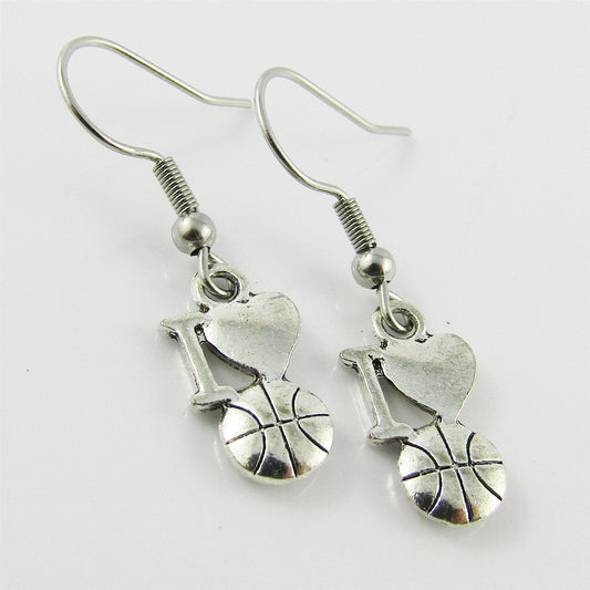 I Love Basketball Charm Earrings Stainless Steel Hooks 32mm