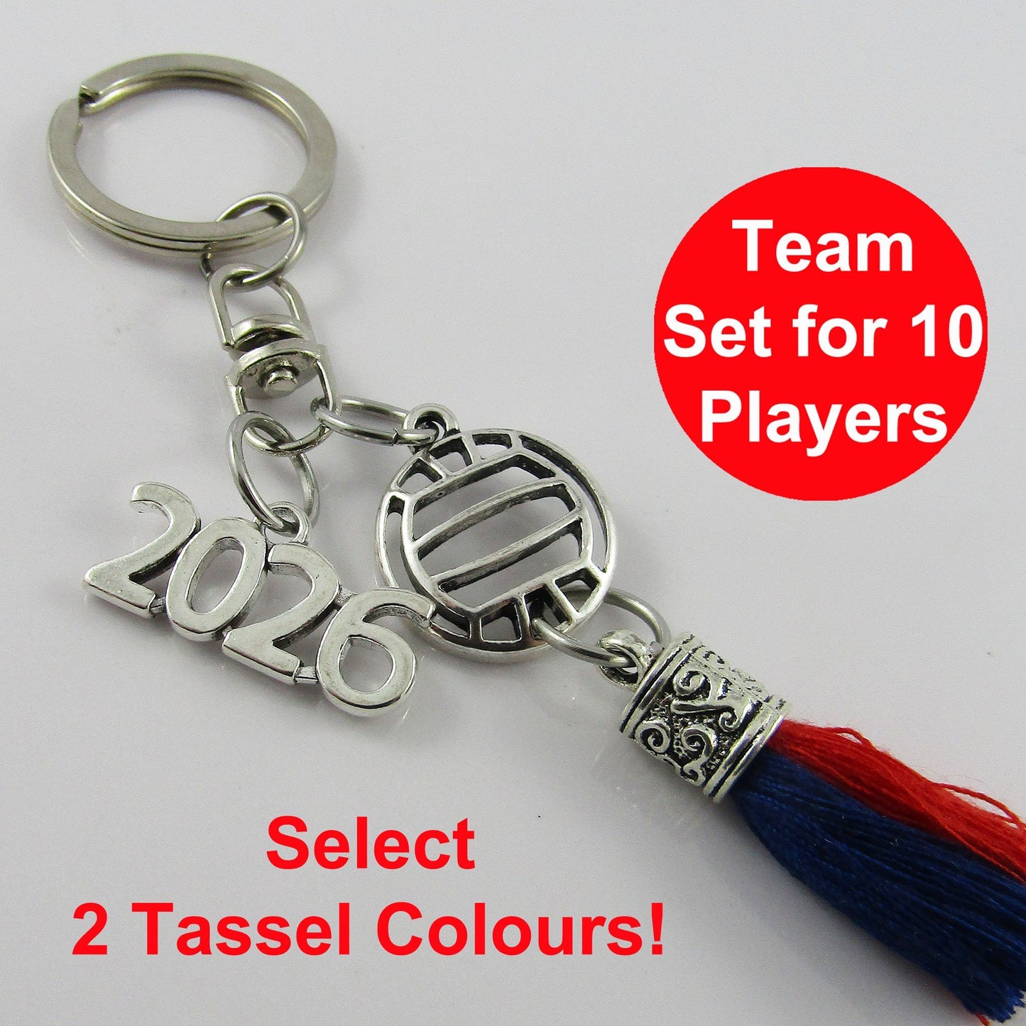 Team Set of 10 Personalised 2 Colour Tassel 2026 NETBALL Keychain Sport Gift