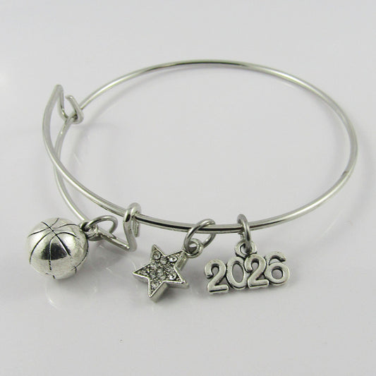 2026 3D Basketball Star Charm Bangle Bracelet with Rhinestone Star