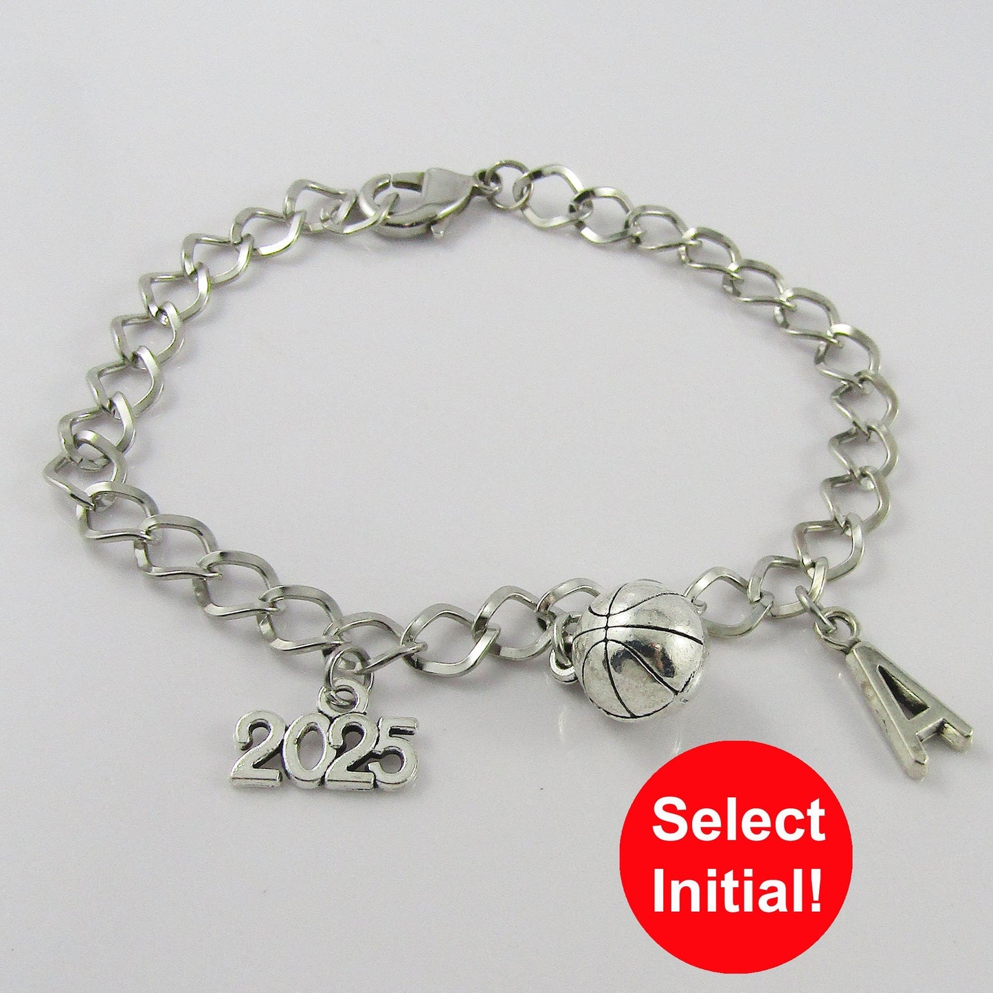 Personalised 2025 BASKETBALL Charm Bracelet 20cm Sports Team Gift Select Initial