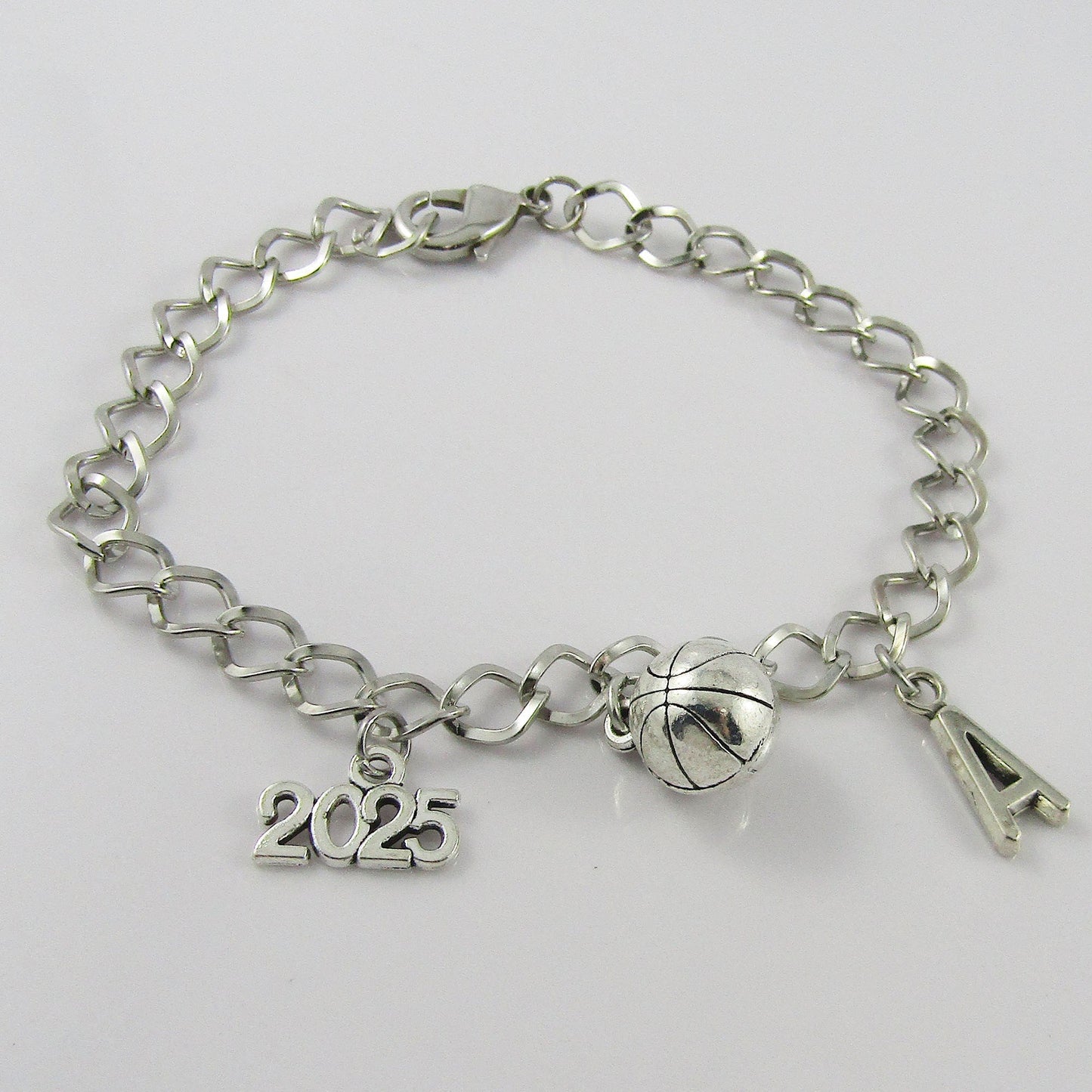 Personalised 2025 BASKETBALL Charm Bracelet 20cm Sports Team Gift Select Initial