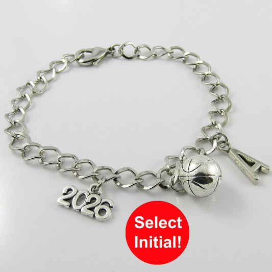 Personalised 2026 BASKETBALL Charm Bracelet 20cm Sports Team Gift Select Initial