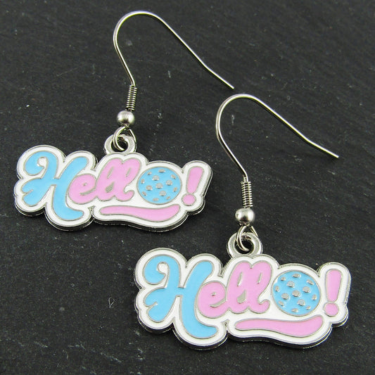 Hello Pickleball Earrings 37mm Stainless Steel Hooks Enamel Charms