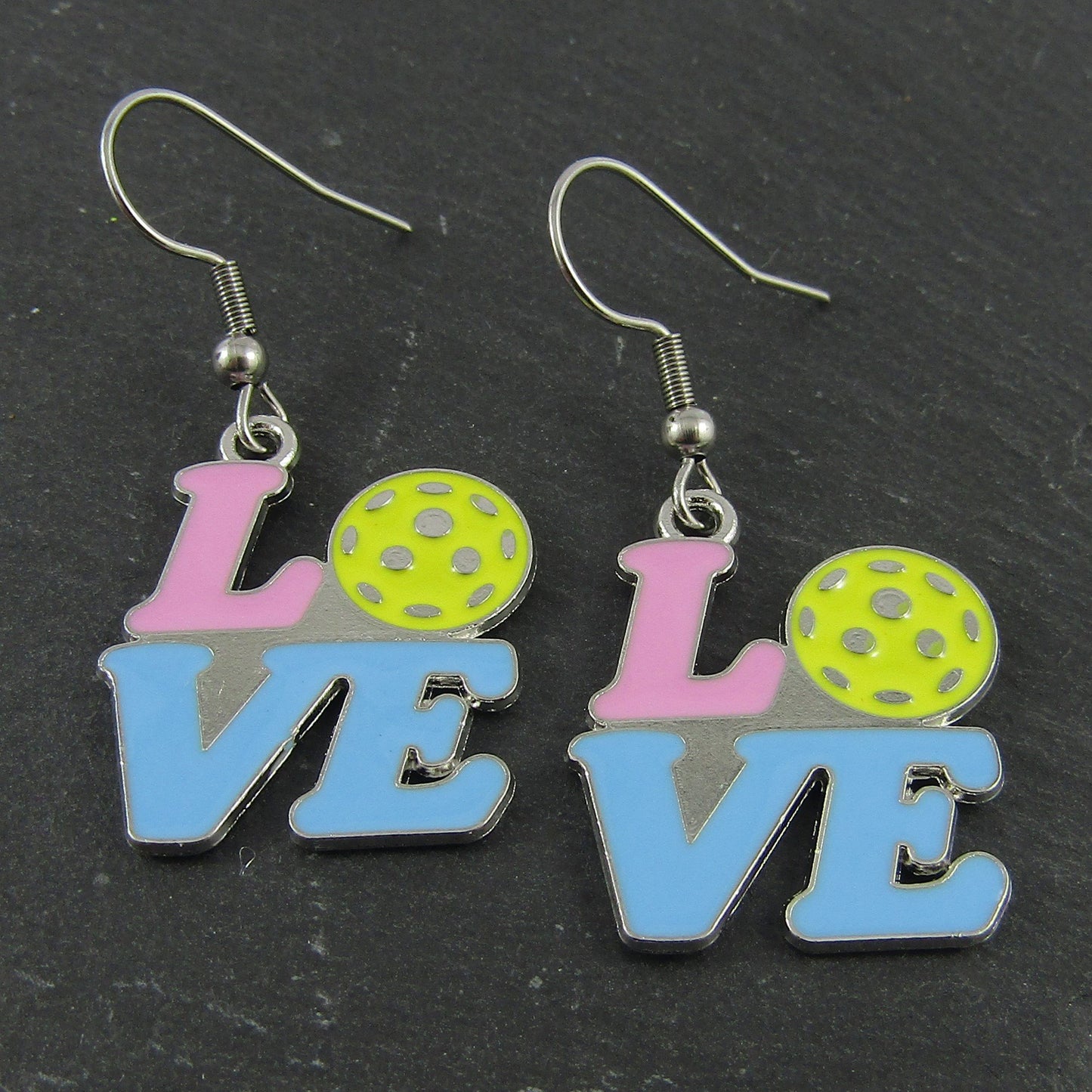 Love Pickleball Earrings 44mm Stainless Steel Hooks Enamel Charms