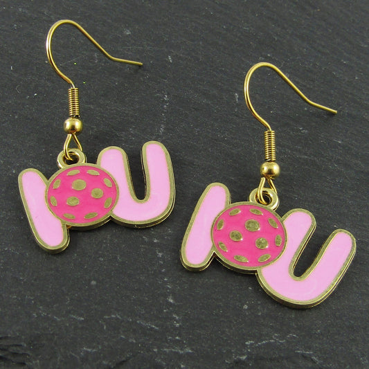 I Pickleball U Earrings 34mm GP Stainless Steel Hooks Enamel Charms