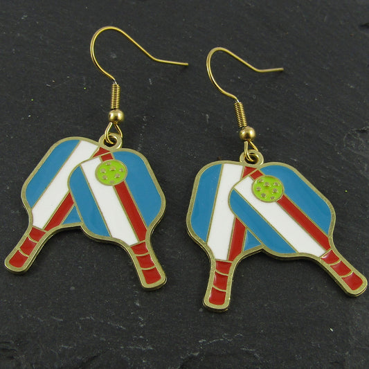 Pickleball Paddles Earrings 48mm GP Stainless Steel Hooks Enamel Charms