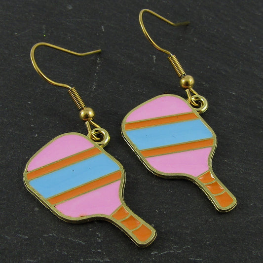 Pink Pickleball Paddle Earrings 41mm GP Stainless Steel Hooks Enamel Charms