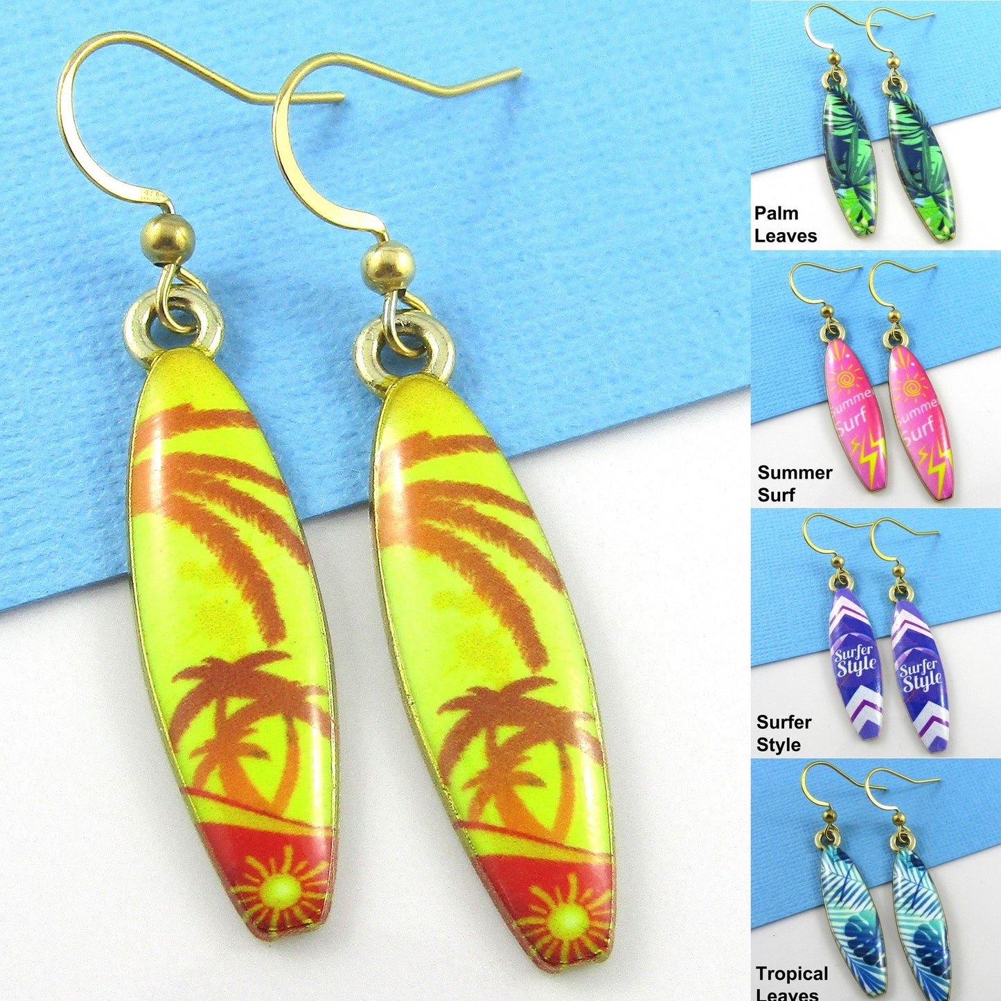 Enamel Surfboard Earrings 49mm GP Stainless Steel Hooks Select Design