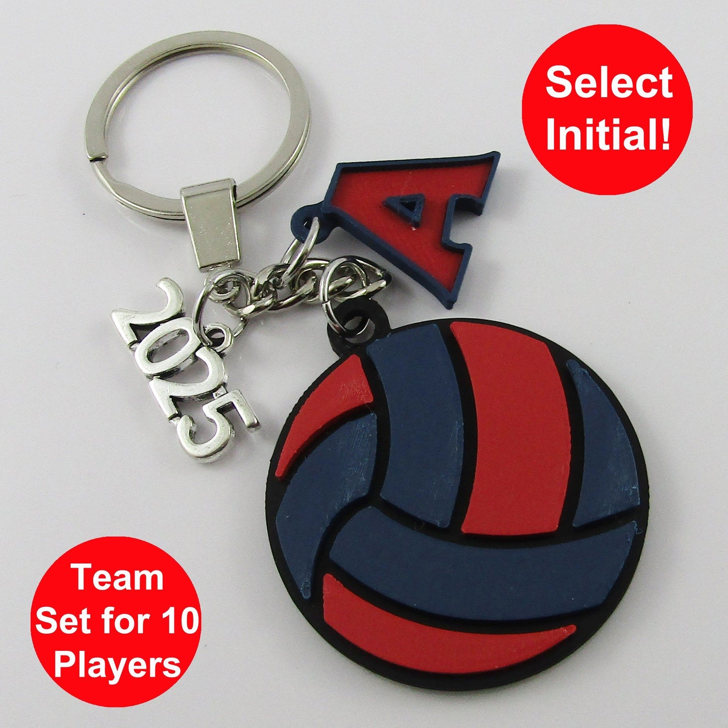Team Set of 10 Personalised 2025 Netball Charm Keychain Blue Red Pick Initial