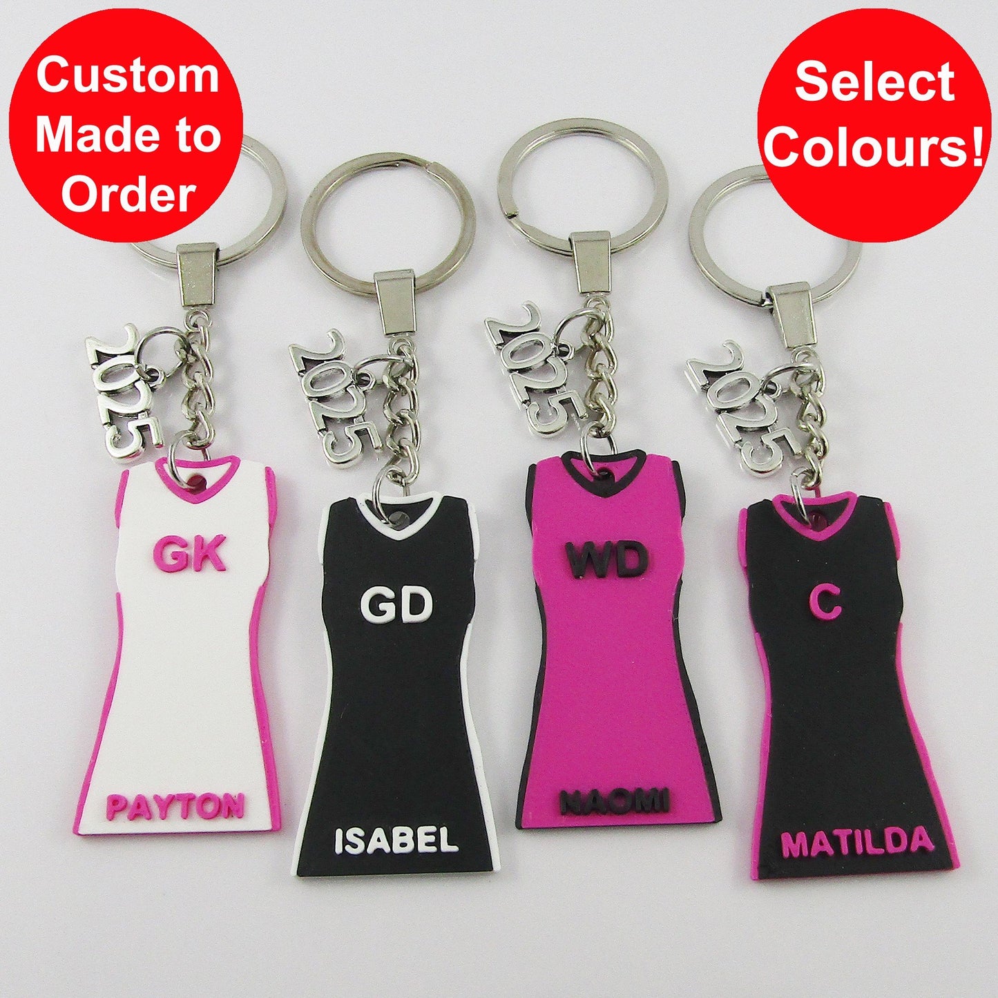 Set of 10 Personalised 2025 Netball Jersey Dress select Colour Name and Position