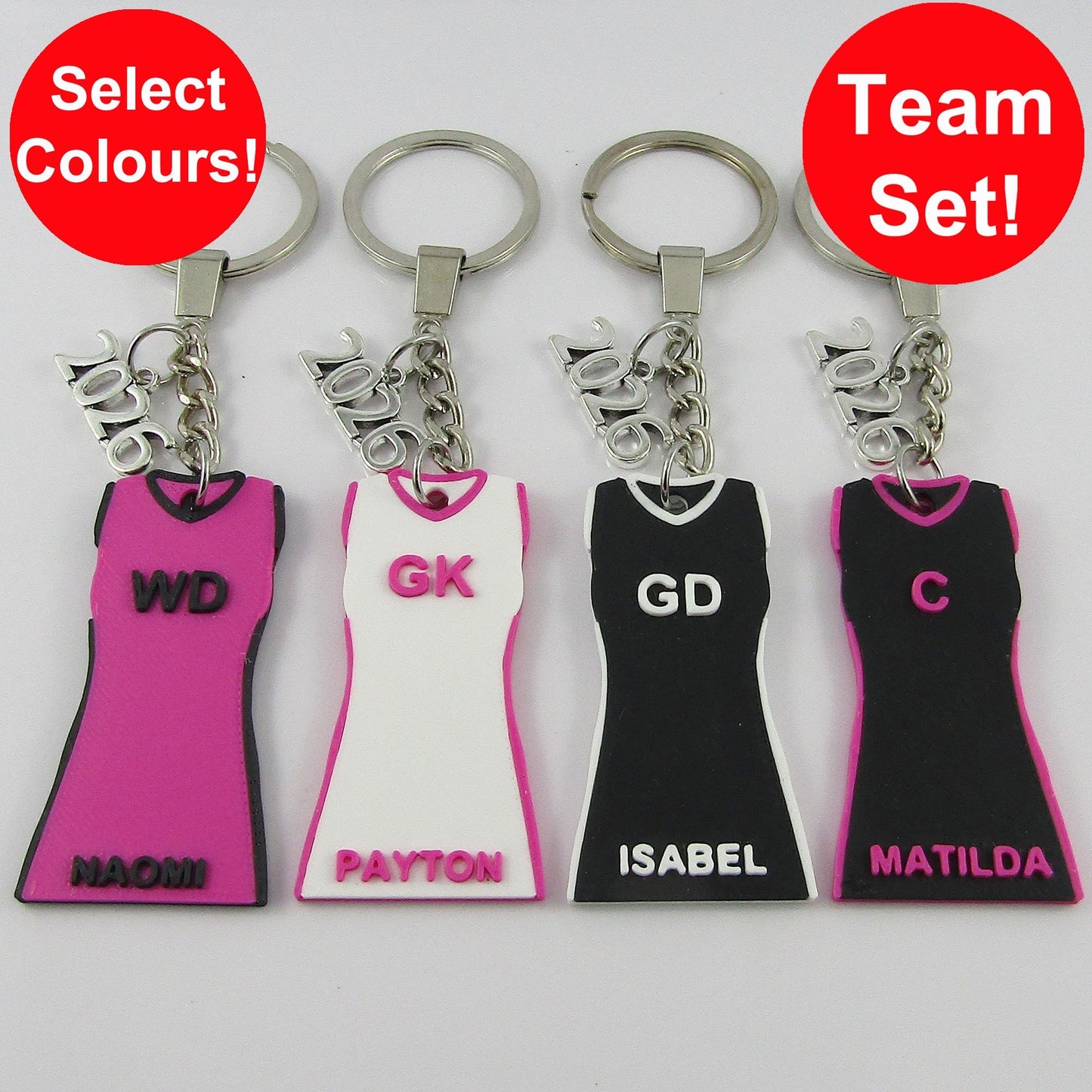 Set of 10 Personalised 2026 Netball Jersey Dress select Colour Name and Position