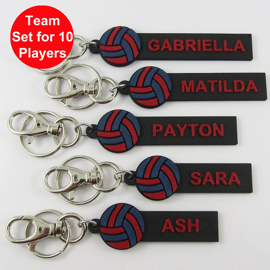 Set of 10 Personalised Netball Name Keychains Navy and Red Netball