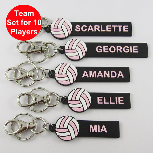 Set of 10 Personalised Netball Name Keychains White and Pink Netball