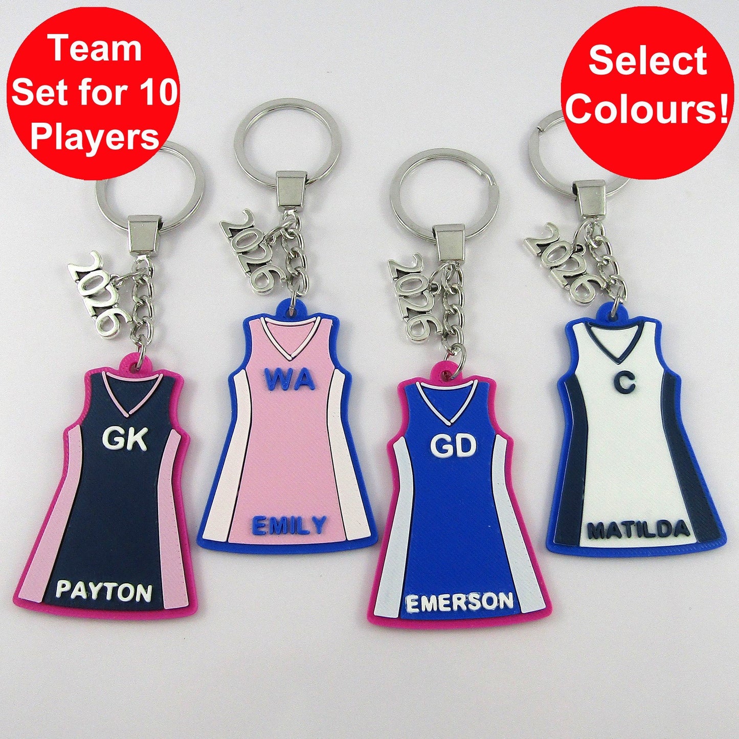 Team Set of 10 Deluxe 4 colour 2026 Personalised Netball Jersey Dress Keychains