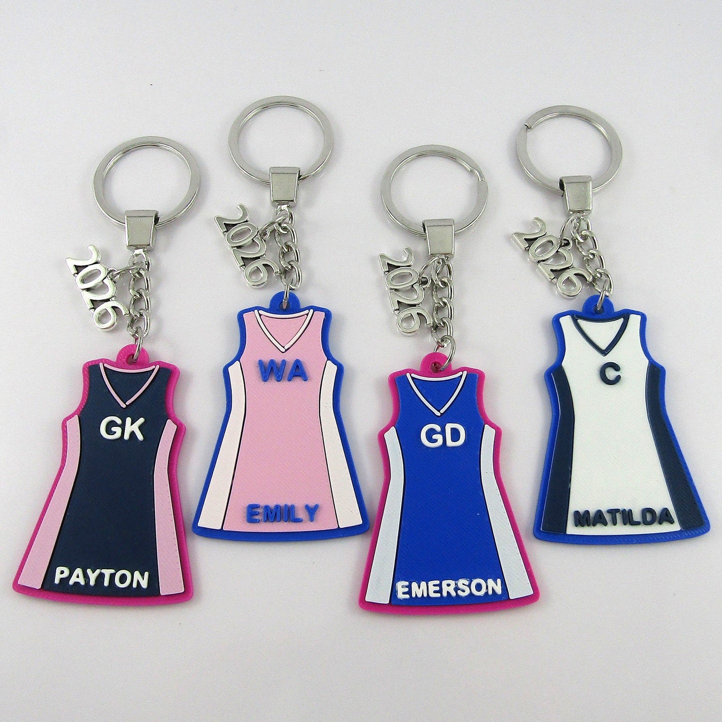 Team Set of 10 Deluxe 4 colour 2026 Personalised Netball Jersey Dress Keychains